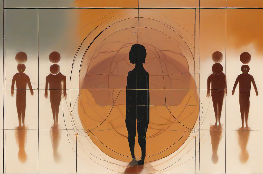 A central human silhouette surrounded by distinct figures and overlapping geometric circles.