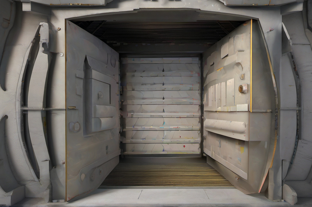 Open industrial vault with an empty illuminated interior.