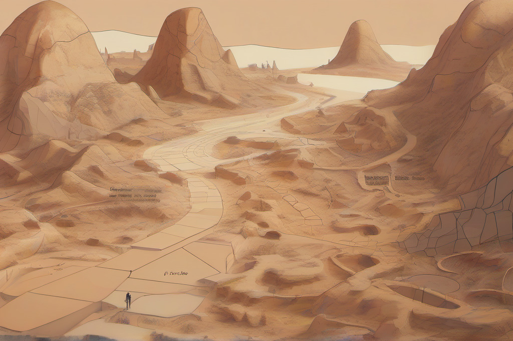 A lone figure following a winding path through a vast desert landscape.