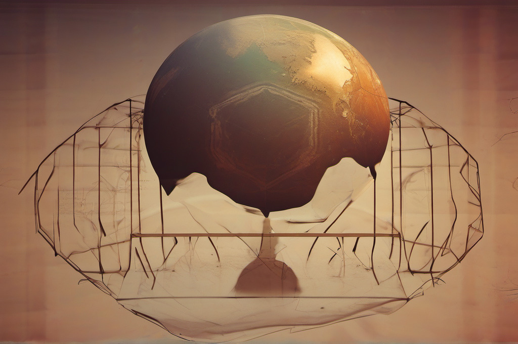A world globe held within an incomplete wireframe boundary.