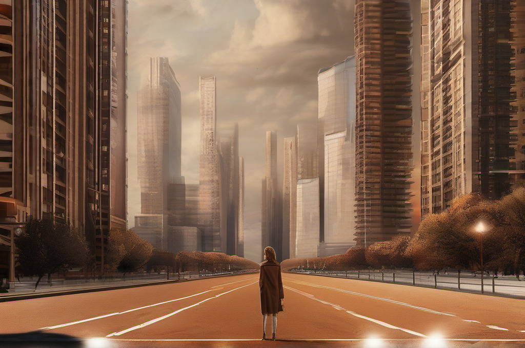 A lone figure facing an ordered city landscape framed by converging lines.